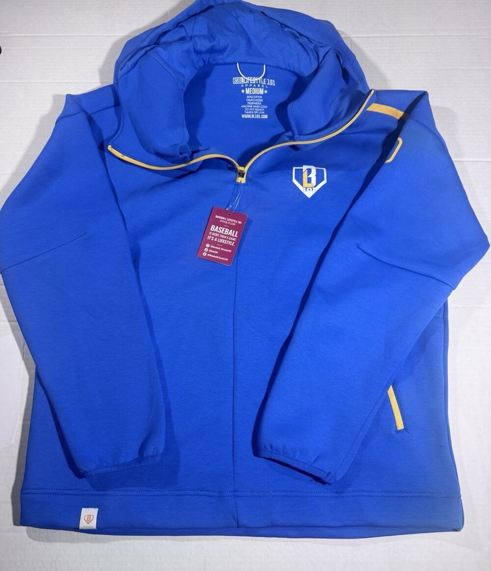 Baseball Lifestyle 101 BL101 Men’s M Blue/Yellow 1/4 Zip Hooded Hoodie Pockets